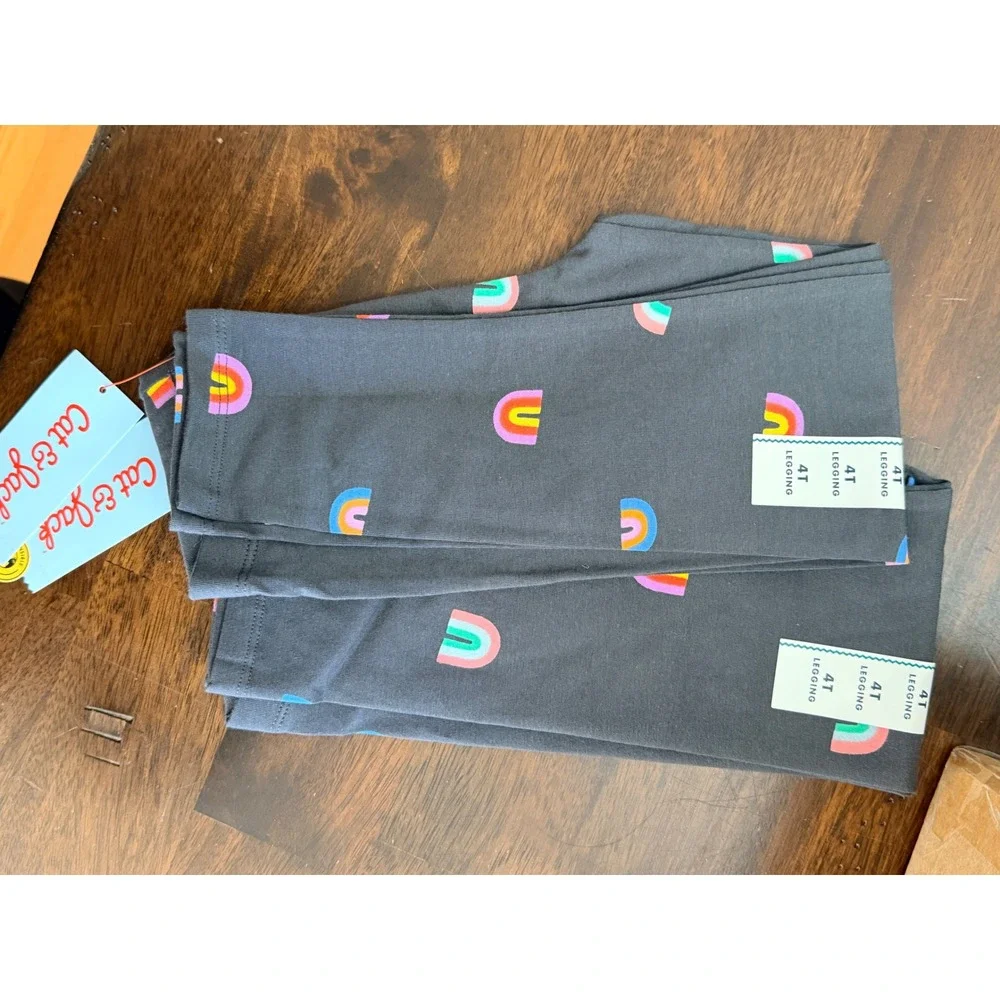 Cat & Jack Girls 4T Leggings‎ 2 Pack Tough Cotton Durable Knee Rainbow Gray NWT